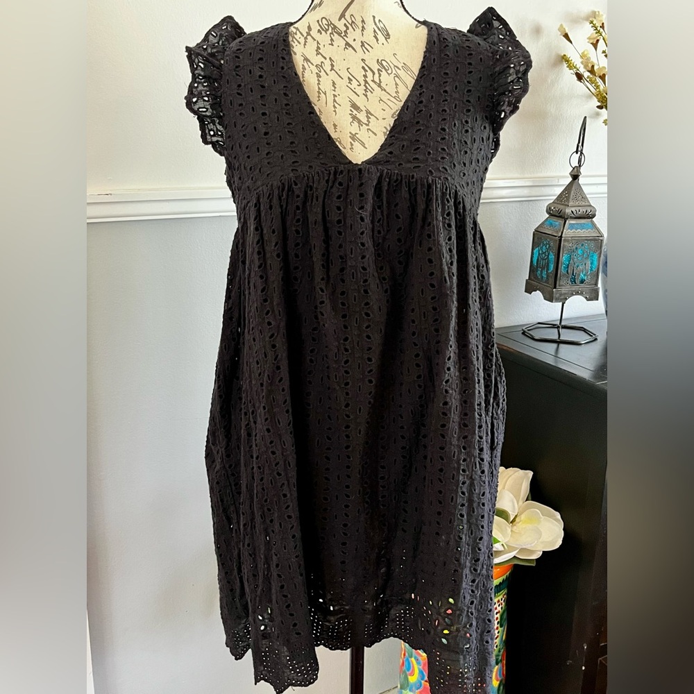 EUC Black Eyelet Babydoll Mini Dress Pockets Lined Built in Shorts Small - Picture 3 of 16